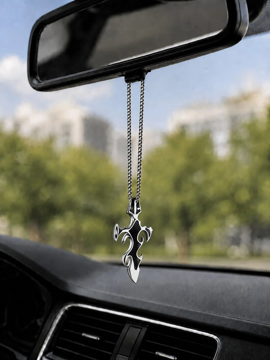 1pc Cool Black & Silver Contrast Flame Cross Pendant Car Rearview Mirror Hanging Ornament, Car Interior Accessory, Multi-Functional Car Hanging Decor, Suitable For Car Interior Decoration And Daily Co