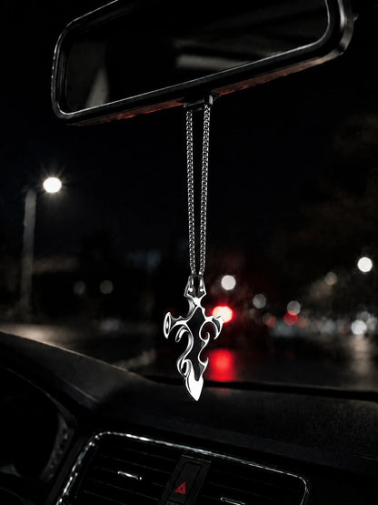 1pc Cool Black & Silver Contrast Flame Cross Pendant Car Rearview Mirror Hanging Ornament, Car Interior Accessory, Multi-Functional Car Hanging Decor, Suitable For Car Interior Decoration And Daily Co
