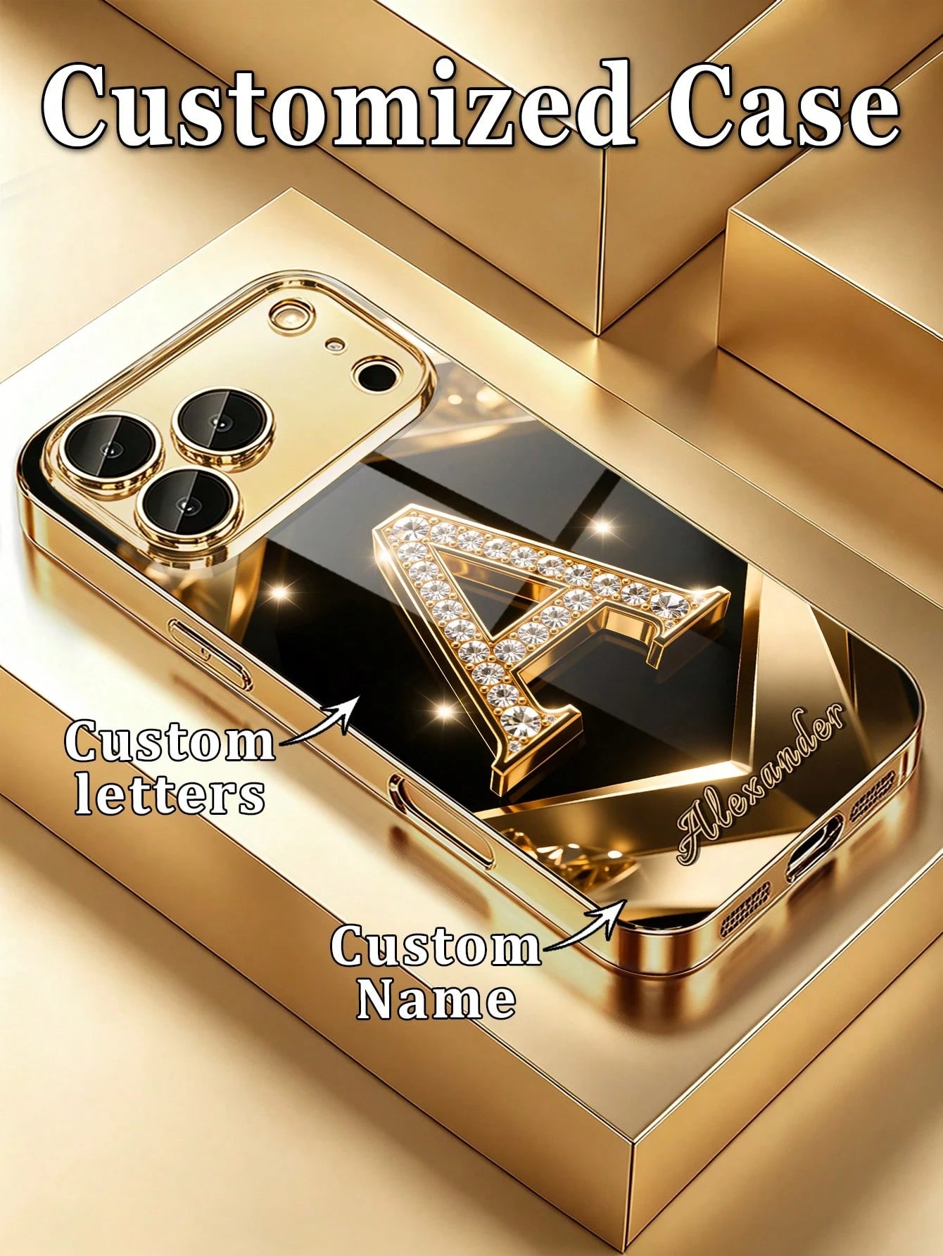 1pc Customized Name, Luxury Full Rhinestone Letter Pattern Phone Case, Electroplated Gold Glass, Suitable For 17 Pro Max/16 Pro Max/15/14 Plus/13 Pro/12 Pro Max/11/Xs Max/8/7/6 Plus, Fashion, Colorful
