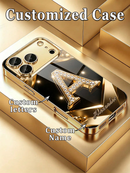 1pc Customized Name, Luxury Full Rhinestone Letter Pattern Phone Case, Electroplated Gold Glass, Suitable For 17 Pro Max/16 Pro Max/15/14 Plus/13 Pro/12 Pro Max/11/Xs Max/8/7/6 Plus, Fashion, Colorful