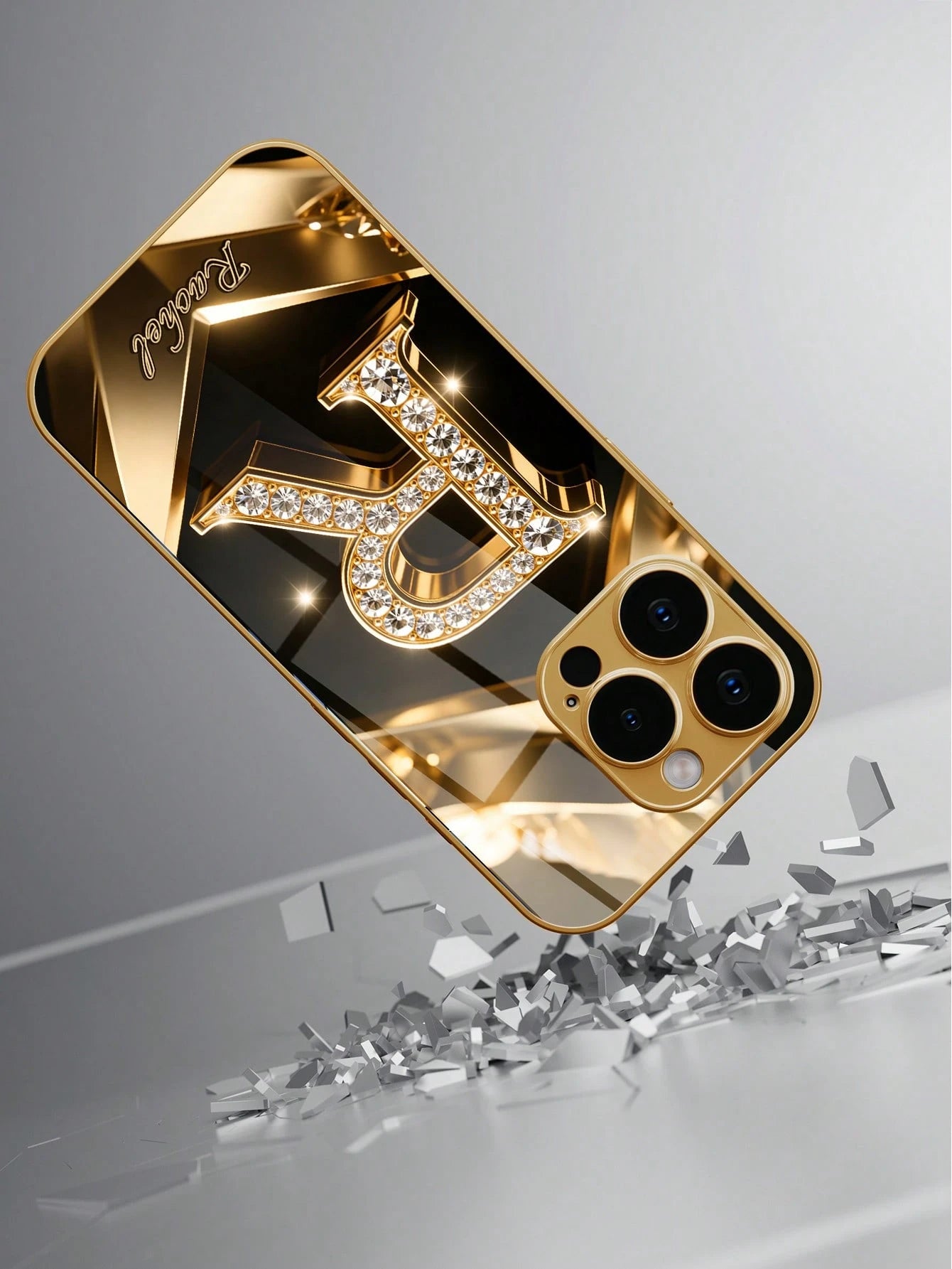 1pc Customized Name, Luxury Full Rhinestone Letter Pattern Phone Case, Electroplated Gold Glass, Suitable For 17 Pro Max/16 Pro Max/15/14 Plus/13 Pro/12 Pro Max/11/Xs Max/8/7/6 Plus, Fashion, Colorful
