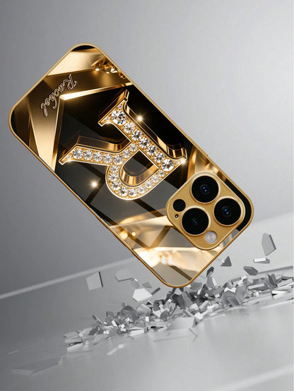 1pc Customized Name, Luxury Full Rhinestone Letter Pattern Phone Case, Electroplated Gold Glass, Suitable For 17 Pro Max/16 Pro Max/15/14 Plus/13 Pro/12 Pro Max/11/Xs Max/8/7/6 Plus, Fashion, Colorful