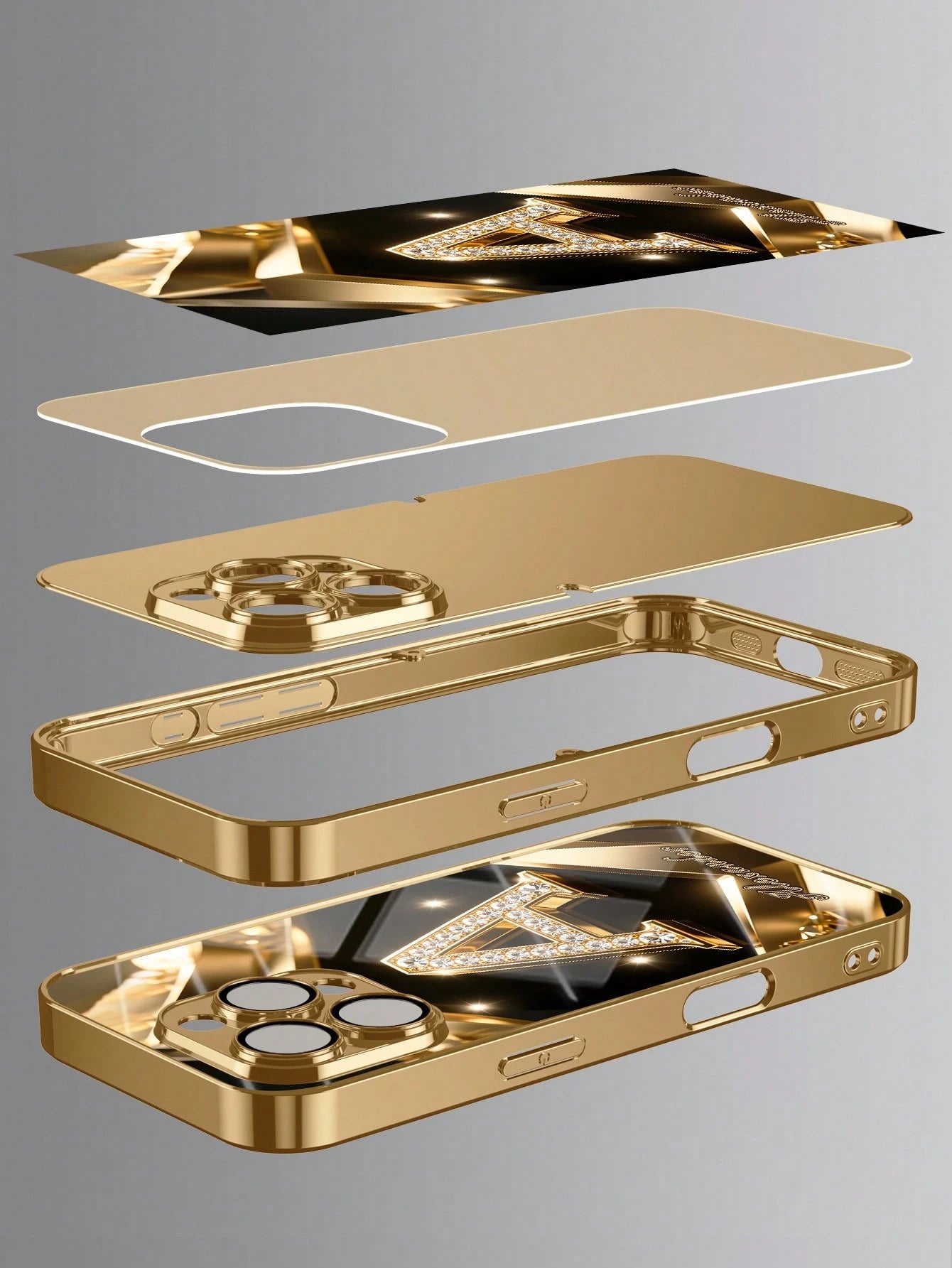 1pc Customized Name, Luxury Full Rhinestone Letter Pattern Phone Case, Electroplated Gold Glass, Suitable For 17 Pro Max/16 Pro Max/15/14 Plus/13 Pro/12 Pro Max/11/Xs Max/8/7/6 Plus, Fashion, Colorful