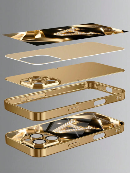 1pc Customized Name, Luxury Full Rhinestone Letter Pattern Phone Case, Electroplated Gold Glass, Suitable For 17 Pro Max/16 Pro Max/15/14 Plus/13 Pro/12 Pro Max/11/Xs Max/8/7/6 Plus, Fashion, Colorful