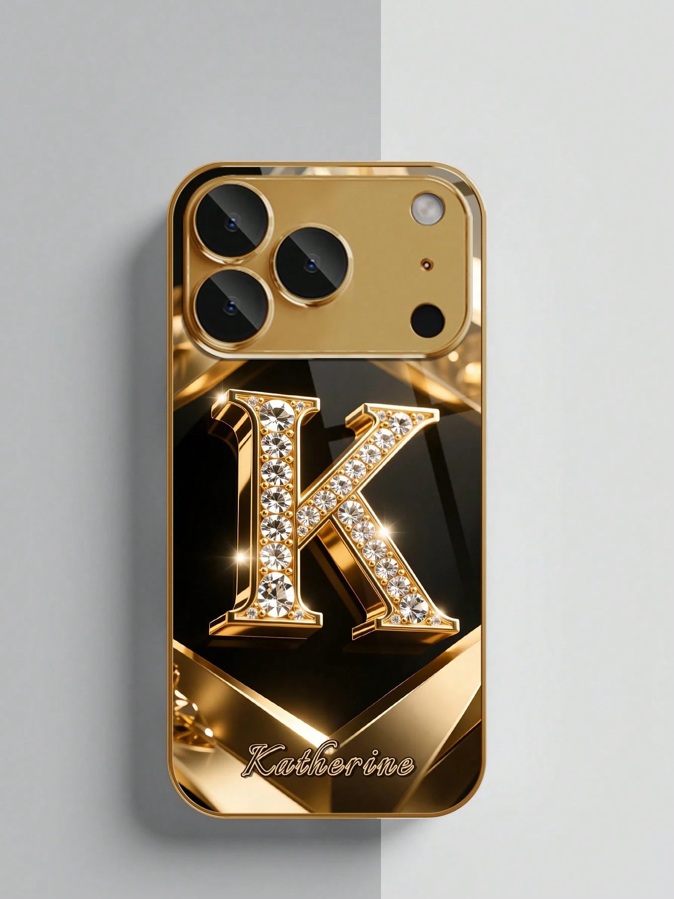 1pc Customized Name, Luxury Full Rhinestone Letter Pattern Phone Case, Electroplated Gold Glass, Suitable For 17 Pro Max/16 Pro Max/15/14 Plus/13 Pro/12 Pro Max/11/Xs Max/8/7/6 Plus, Fashion, Colorful