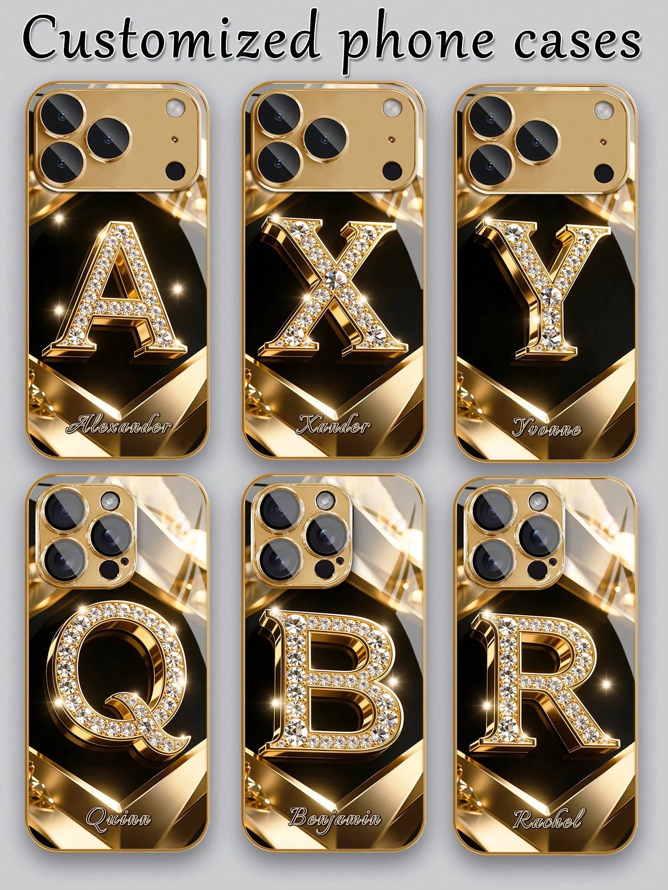 1pc Customized Name, Luxury Full Rhinestone Letter Pattern Phone Case, Electroplated Gold Glass, Suitable For 17 Pro Max/16 Pro Max/15/14 Plus/13 Pro/12 Pro Max/11/Xs Max/8/7/6 Plus, Fashion, Colorful