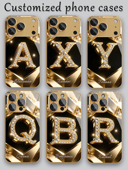 1pc Customized Name, Luxury Full Rhinestone Letter Pattern Phone Case, Electroplated Gold Glass, Suitable For 17 Pro Max/16 Pro Max/15/14 Plus/13 Pro/12 Pro Max/11/Xs Max/8/7/6 Plus, Fashion, Colorful