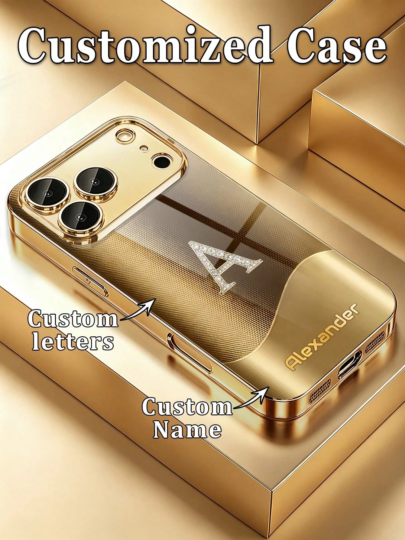 1pc Customized Name, Luxury Full Rhinestone Letter Pattern Phone Case, Electroplated Gold Glass, Suitable For 17 Pro Max/16 Pro Max/15/14 Plus/13 Pro/12 Pro Max/11/Xs Max/8/7/6 Plus, Fashion, Colorful