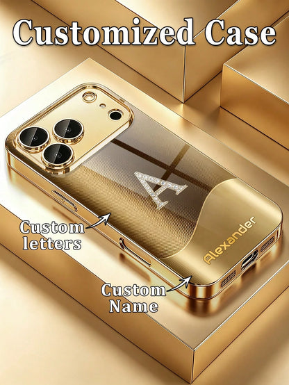 1pc Customized Name, Luxury Full Rhinestone Letter Pattern Phone Case, Electroplated Gold Glass, Suitable For 17 Pro Max/16 Pro Max/15/14 Plus/13 Pro/12 Pro Max/11/Xs Max/8/7/6 Plus, Fashion, Colorful