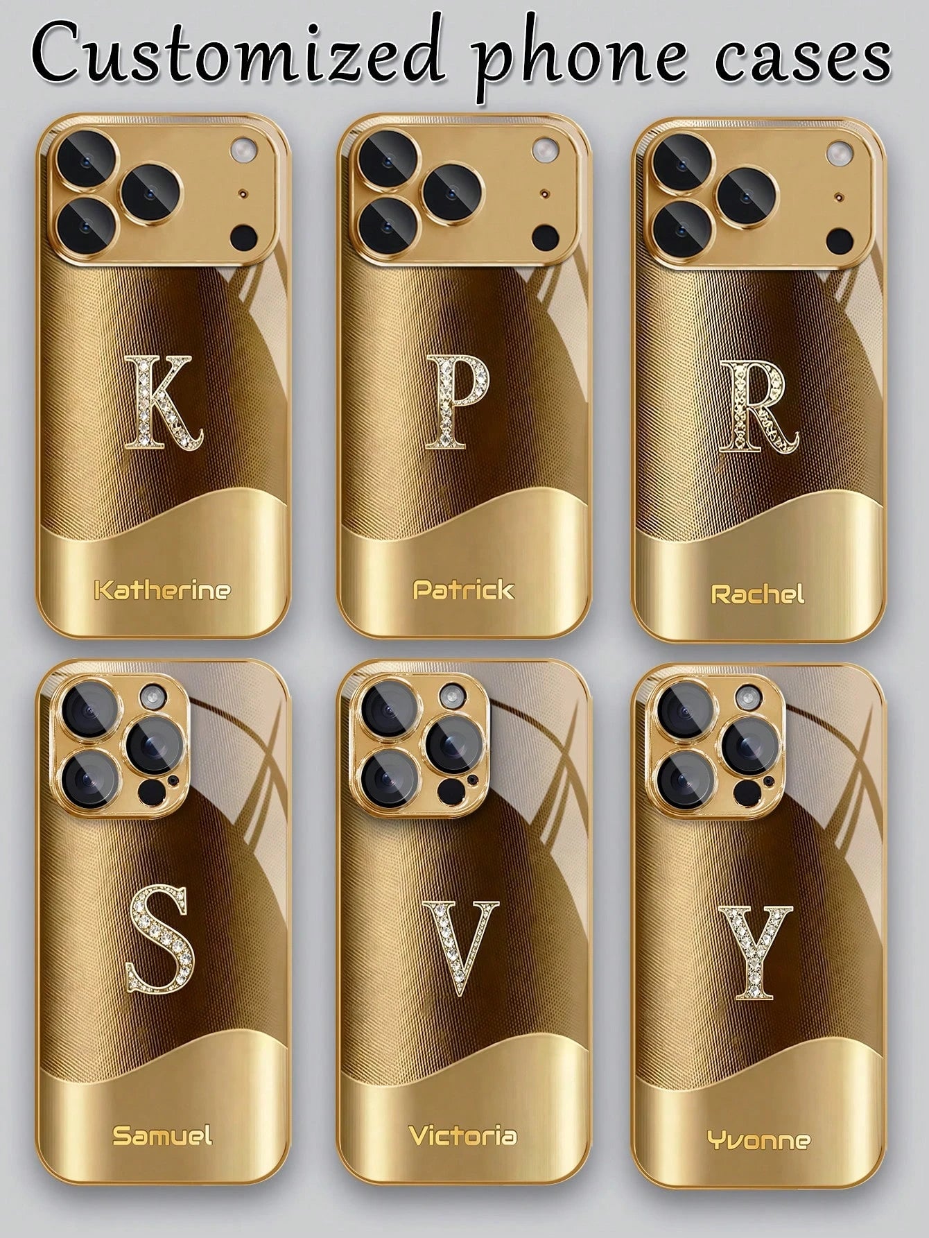 1pc Customized Name, Luxury Full Rhinestone Letter Pattern Phone Case, Electroplated Gold Glass, Suitable For 17 Pro Max/16 Pro Max/15/14 Plus/13 Pro/12 Pro Max/11/Xs Max/8/7/6 Plus, Fashion, Colorful