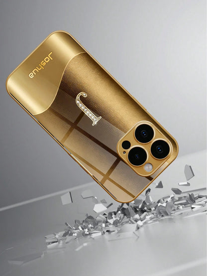 1pc Customized Name, Luxury Full Rhinestone Letter Pattern Phone Case, Electroplated Gold Glass, Suitable For 17 Pro Max/16 Pro Max/15/14 Plus/13 Pro/12 Pro Max/11/Xs Max/8/7/6 Plus, Fashion, Colorful
