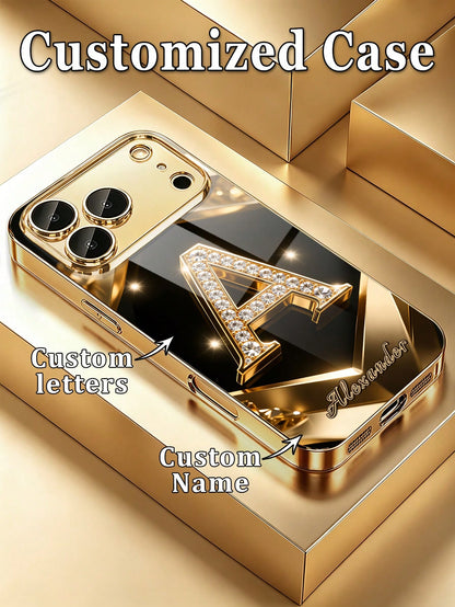 1pc Customized Name, Luxury Full Rhinestone Letter Pattern Phone Case, Electroplated Gold Glass, Suitable For 17 Pro Max/16 Pro Max/15/14 Plus/13 Pro/12 Pro Max/11/Xs Max/8/7/6 Plus, Fashion, Colorful