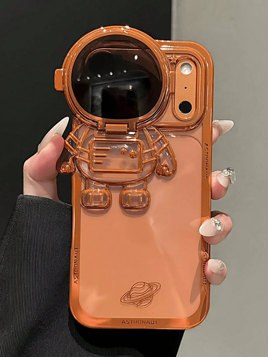 1pc Cute Cartoon Astronaut Glitter Case Compatible With IPhone 17 Pro Max 14 13 12 15 16 Pro Max Bracket Gradient Plating Stand Transparent Cover