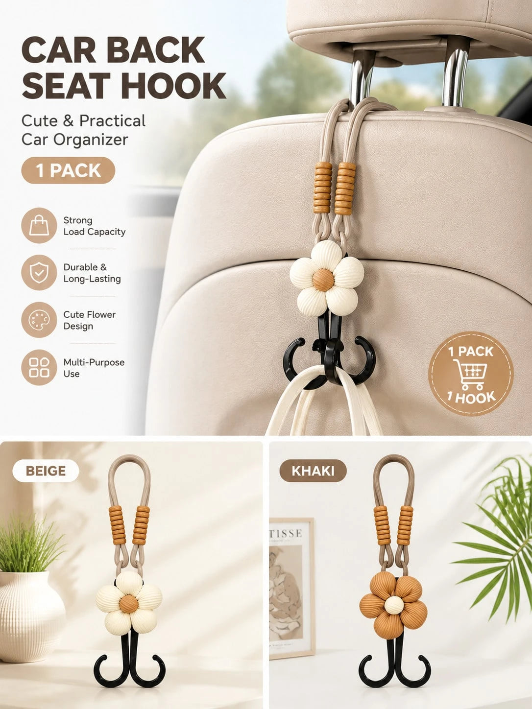 1PC Cute Flower Car Seat Headrest Hook Universal Back Seat Organizer Bag Holder Heavy Duty Car Interior Accessory Beige/Khak