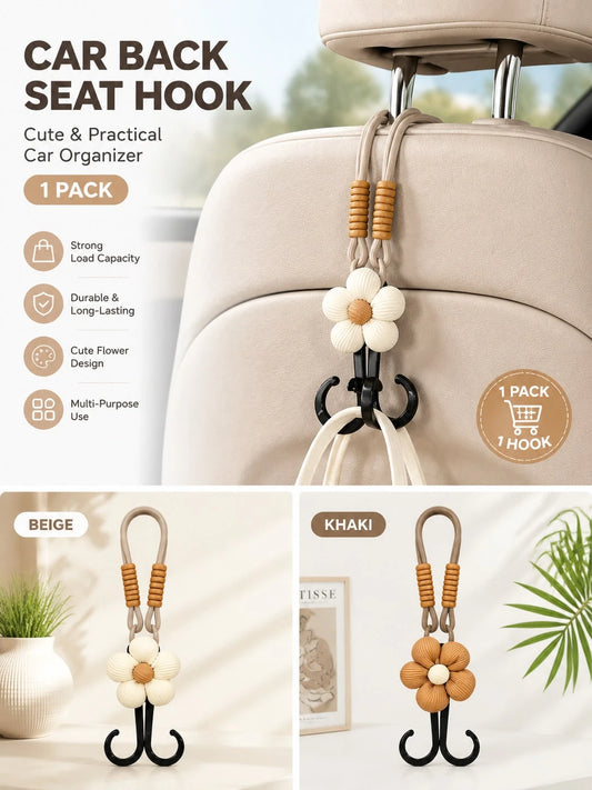 1PC Cute Flower Car Seat Headrest Hook Universal Back Seat Organizer Bag Holder Heavy Duty Car Interior Accessory Beige/Khak