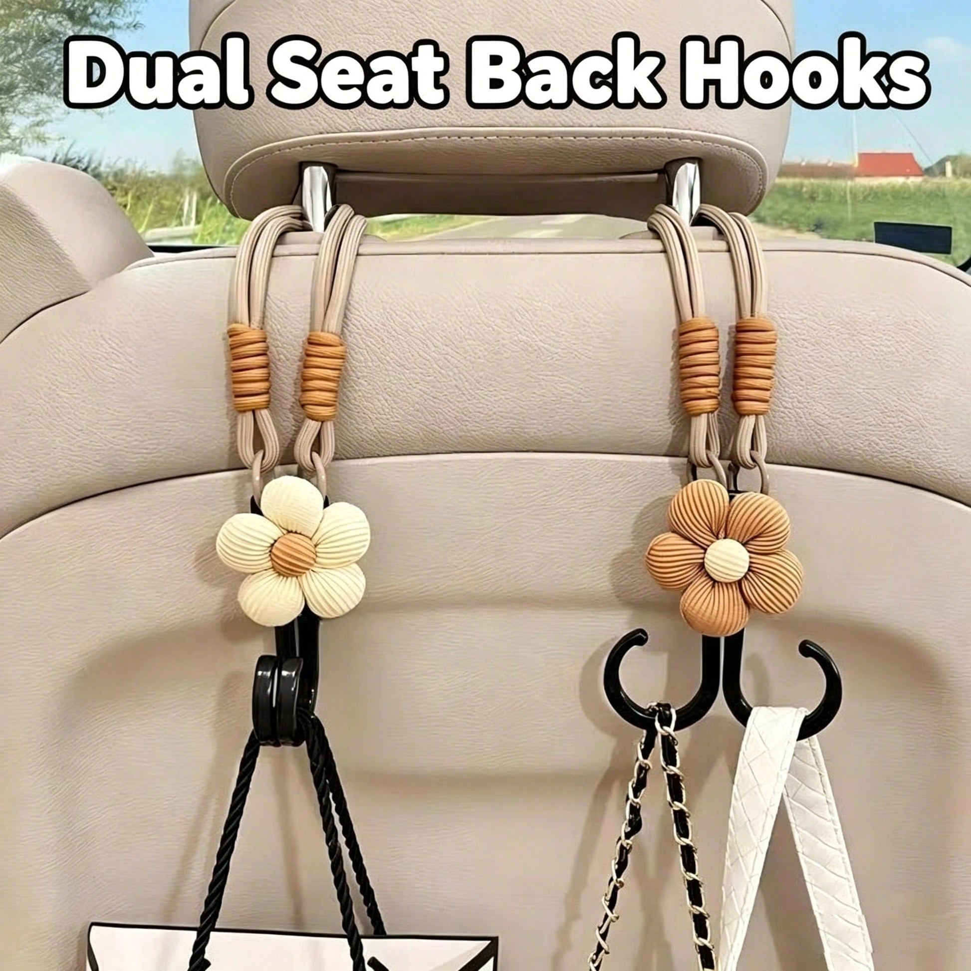 1PC Cute Flower Car Seat Headrest Hook Universal Back Seat Organizer Bag Holder Heavy Duty Car Interior Accessory Beige/Khak