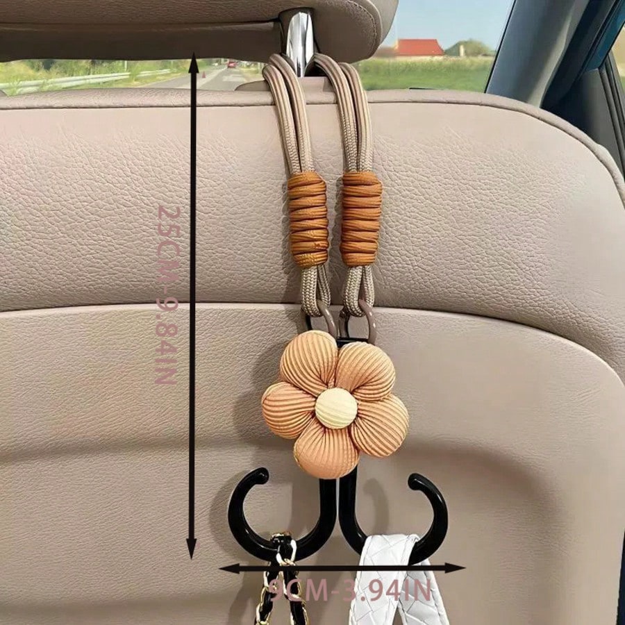 1PC Cute Flower Car Seat Headrest Hook Universal Back Seat Organizer Bag Holder Heavy Duty Car Interior Accessory Beige/Khak