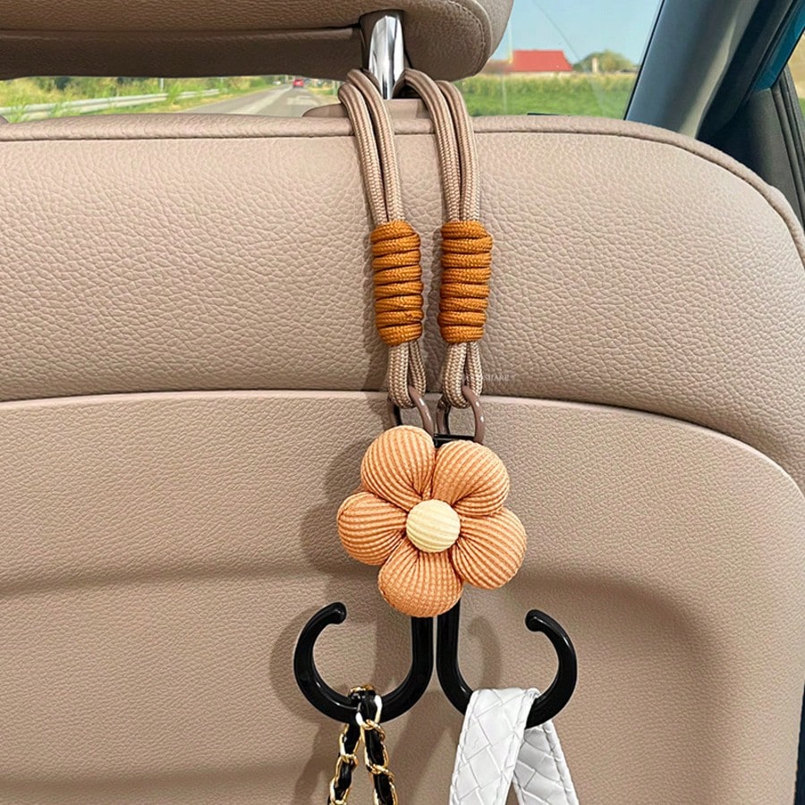 1PC Cute Flower Car Seat Headrest Hook Universal Back Seat Organizer Bag Holder Heavy Duty Car Interior Accessory Beige/Khak