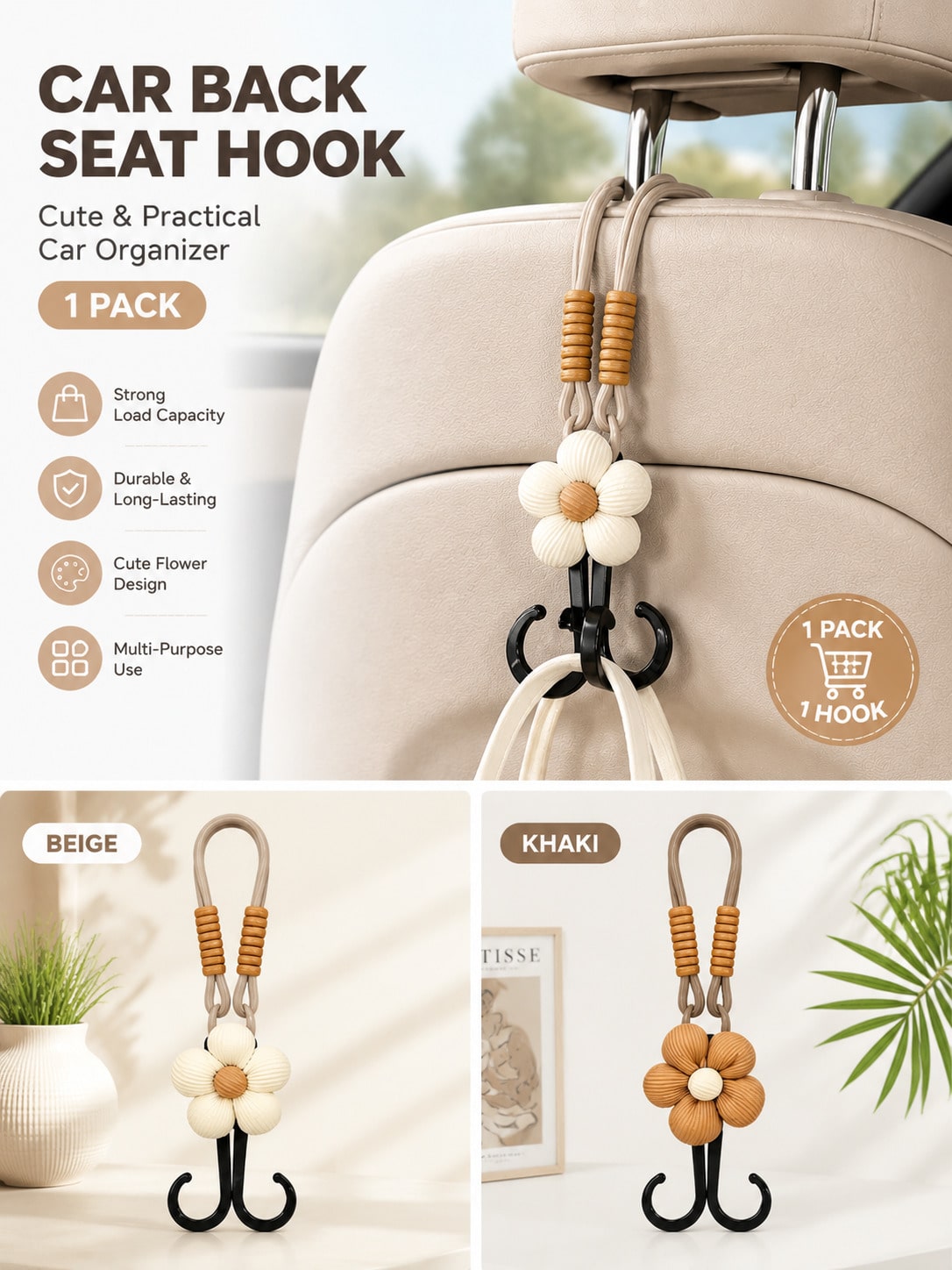 1PC Cute Flower Car Seat Headrest Hook Universal Back Seat Organizer Bag Holder Heavy Duty Car Interior Accessory Beige/Khak