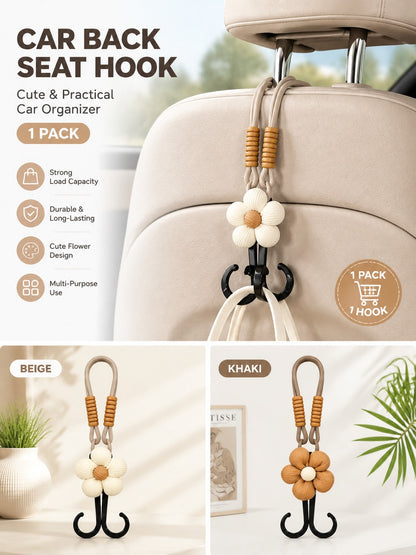1PC Cute Flower Car Seat Headrest Hook Universal Back Seat Organizer Bag Holder Heavy Duty Car Interior Accessory Beige/Khak