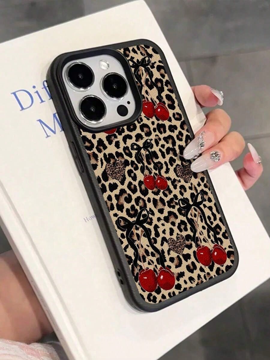 1pc Cute Vintage Leopard Cherry Heart Pattern Textured Soft Anti-Drop Anti-Skid Protective Phone Case, Compatible With Apple And Smartphonesfunda Para Phone,Apple16,Cover De Phone,Cell Phone Case,Fund