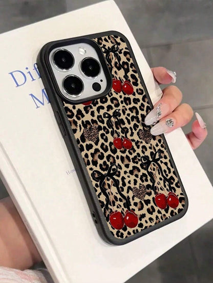 1pc Cute Vintage Leopard Cherry Heart Pattern Textured Soft Anti-Drop Anti-Skid Protective Phone Case, Compatible With Apple And Smartphonesfunda Para Phone,Apple16,Cover De Phone,Cell Phone Case,Fund