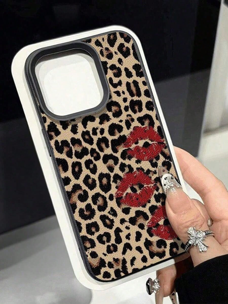1pc Cute Vintage Leopard Cherry Heart Pattern Textured Soft Anti-Drop Anti-Skid Protective Phone Case, Compatible With Apple And Smartphonesfunda Para Phone,Apple16,Cover De Phone,Cell Phone Case,Fund