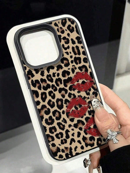 1pc Cute Vintage Leopard Cherry Heart Pattern Textured Soft Anti-Drop Anti-Skid Protective Phone Case, Compatible With Apple And Smartphonesfunda Para Phone,Apple16,Cover De Phone,Cell Phone Case,Fund