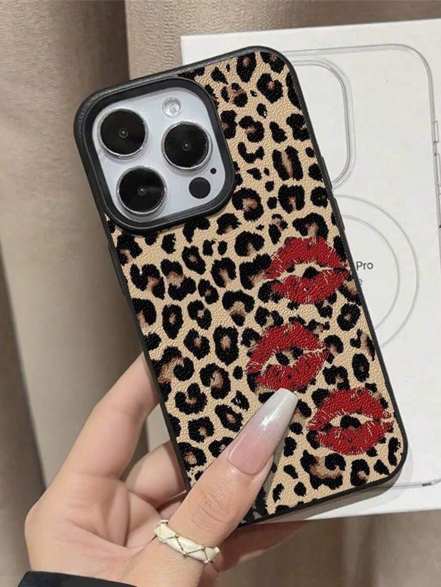 1pc Cute Vintage Leopard Cherry Heart Pattern Textured Soft Anti-Drop Anti-Skid Protective Phone Case, Compatible With Apple And Smartphonesfunda Para Phone,Apple16,Cover De Phone,Cell Phone Case,Fund