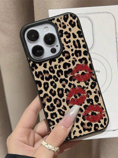 1pc Cute Vintage Leopard Cherry Heart Pattern Textured Soft Anti-Drop Anti-Skid Protective Phone Case, Compatible With Apple And Smartphonesfunda Para Phone,Apple16,Cover De Phone,Cell Phone Case,Fund