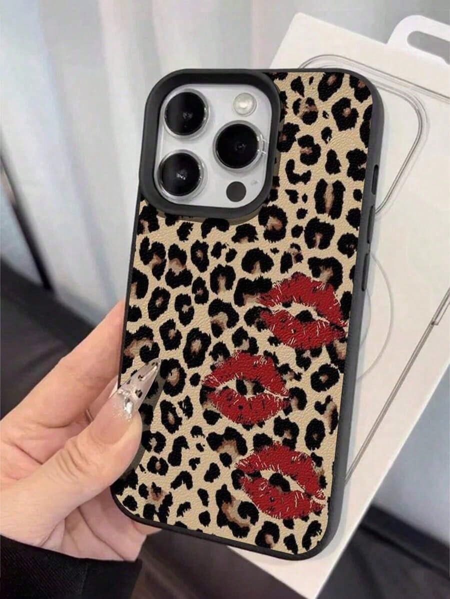 1pc Cute Vintage Leopard Cherry Heart Pattern Textured Soft Anti-Drop Anti-Skid Protective Phone Case, Compatible With Apple And Smartphonesfunda Para Phone,Apple16,Cover De Phone,Cell Phone Case,Fund