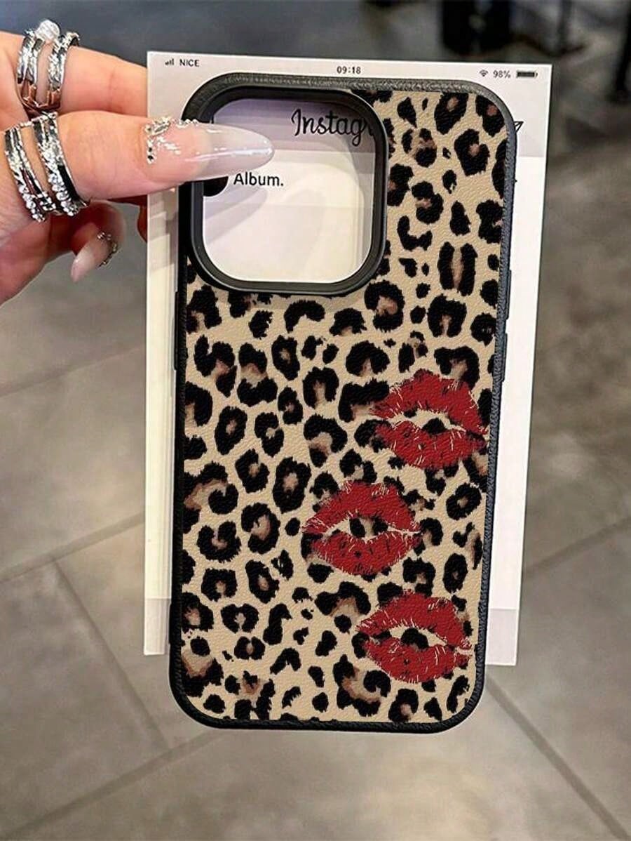 1pc Cute Vintage Leopard Cherry Heart Pattern Textured Soft Anti-Drop Anti-Skid Protective Phone Case, Compatible With Apple And Smartphonesfunda Para Phone,Apple16,Cover De Phone,Cell Phone Case,Fund