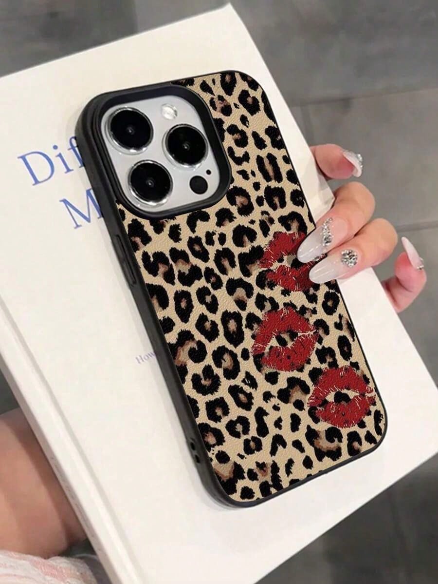 1pc Cute Vintage Leopard Cherry Heart Pattern Textured Soft Anti-Drop Anti-Skid Protective Phone Case, Compatible With Apple And Smartphonesfunda Para Phone,Apple16,Cover De Phone,Cell Phone Case,Fund
