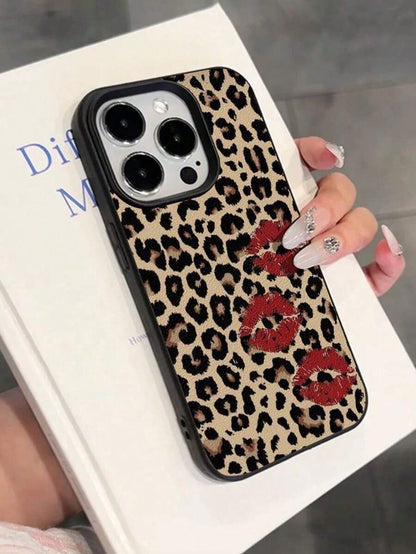 1pc Cute Vintage Leopard Cherry Heart Pattern Textured Soft Anti-Drop Anti-Skid Protective Phone Case, Compatible With Apple And Smartphonesfunda Para Phone,Apple16,Cover De Phone,Cell Phone Case,Fund