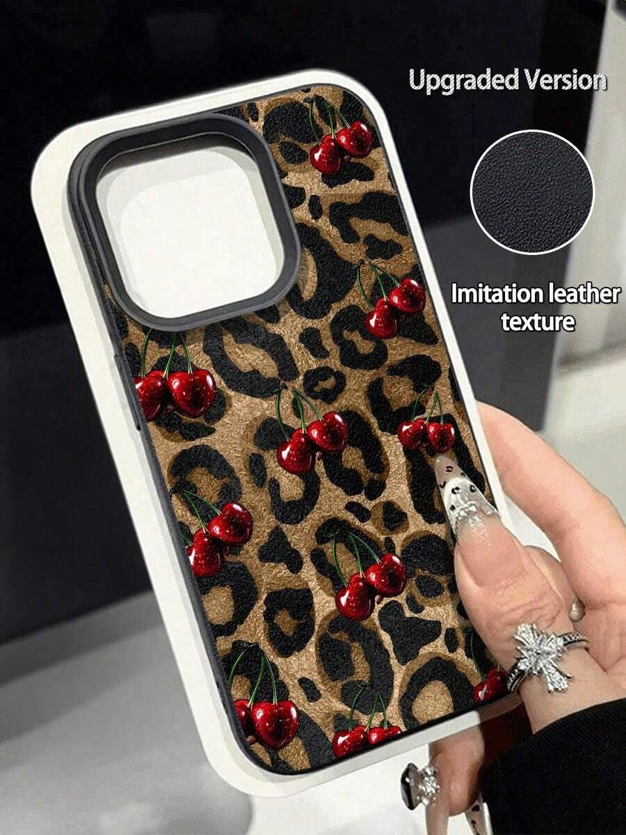 1pc Cute Vintage Leopard Cherry Heart Pattern Textured Soft Anti-Drop Anti-Skid Protective Phone Case, Compatible With Apple And Smartphonesfunda Para Phone,Apple16,Cover De Phone,Cell Phone Case,Fund