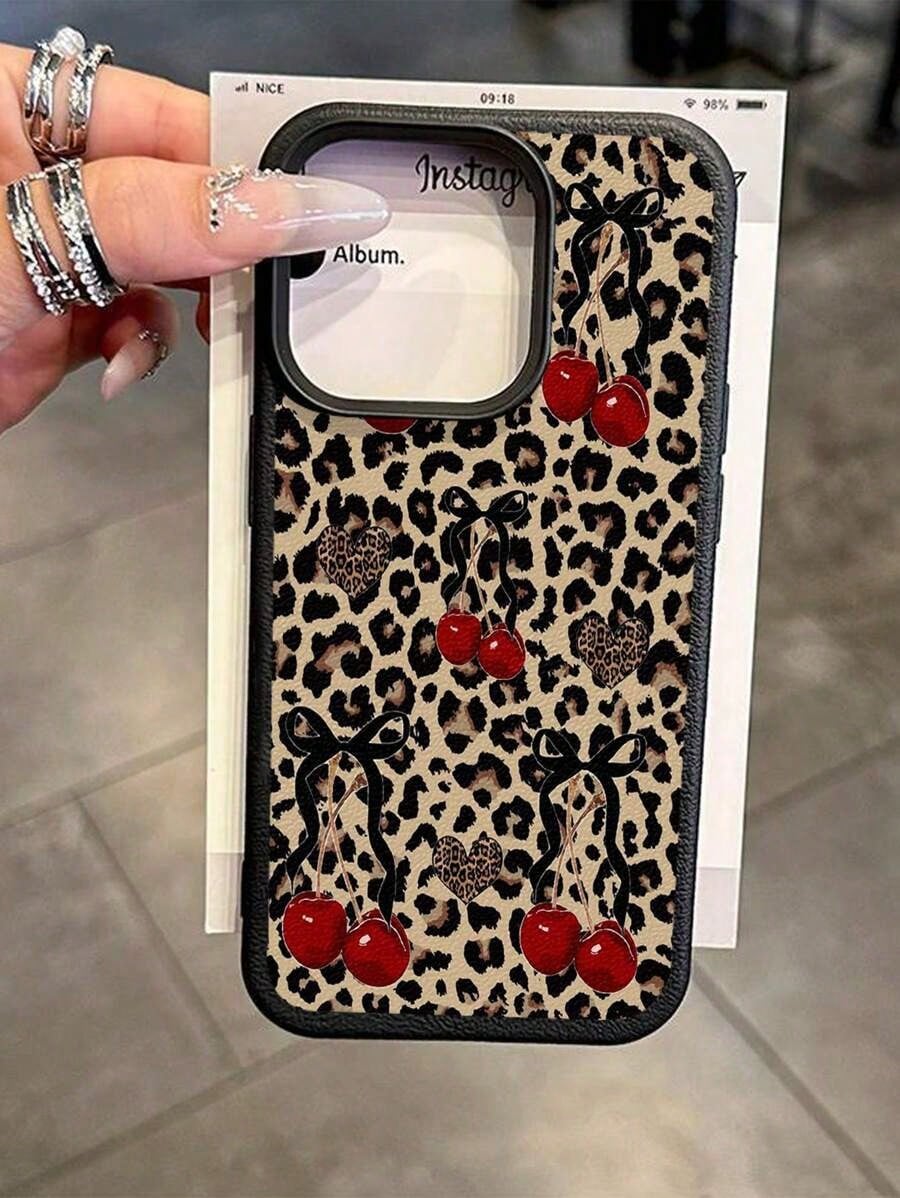 1pc Cute Vintage Leopard Cherry Heart Pattern Textured Soft Anti-Drop Anti-Skid Protective Phone Case, Compatible With Apple And Smartphonesfunda Para Phone,Apple16,Cover De Phone,Cell Phone Case,Fund