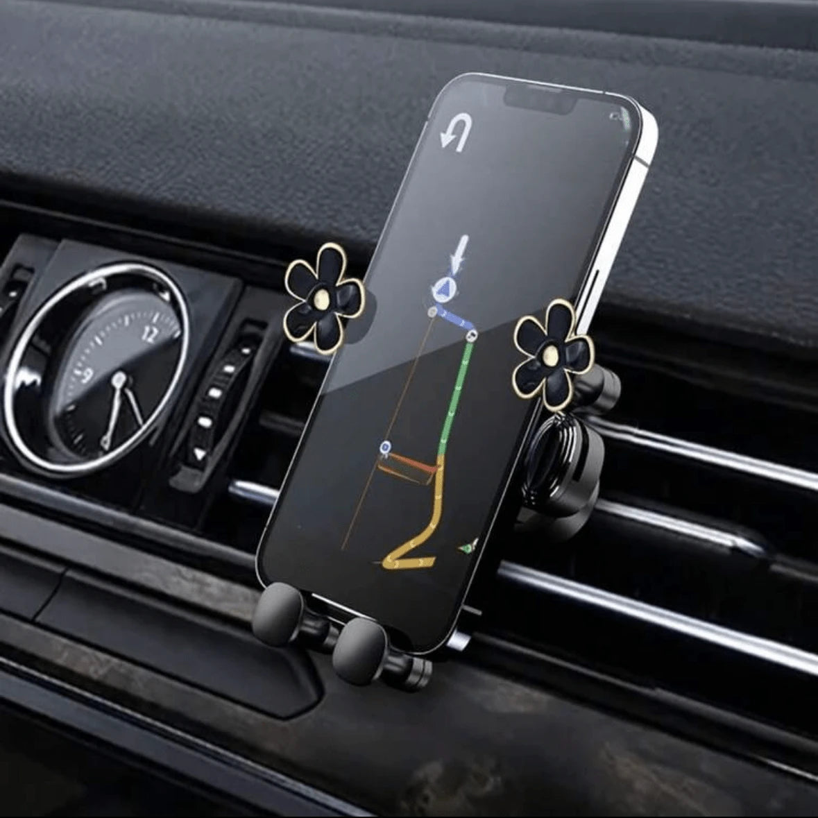 1pc Elegant Flower Car Phone Holder, Exquisite Flower Air Vent Clip Design, Horizontal & Vertical Installation, Auto Lock Stable, Universal Car Navigation Bracket, Fashionable Car Accessory To Add Ref