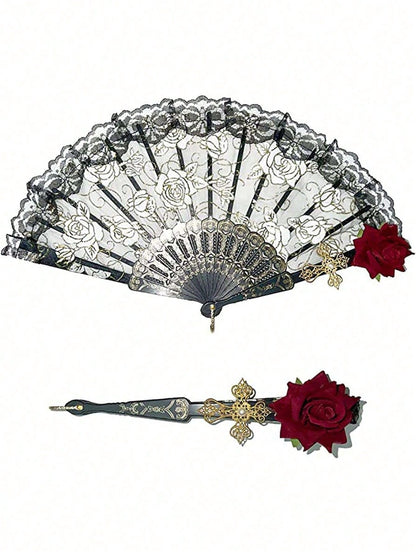 1pc Elegant Vintage Spanish Lace Fan Luxurious European Rose Folding Fan For Cosplay Performance Decoration Valentine's Day