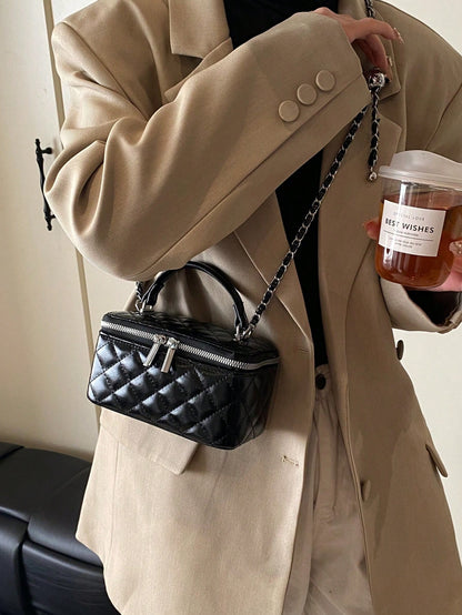 1pc Fashion PU Quilted Diamond Stitch Zipper Clutch Bag, Versatile Ladies Handbag With Detachable Shoulder Chain