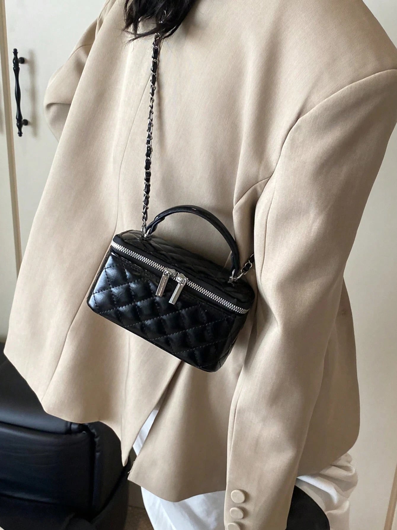1pc Fashion PU Quilted Diamond Stitch Zipper Clutch Bag, Versatile Ladies Handbag With Detachable Shoulder Chain