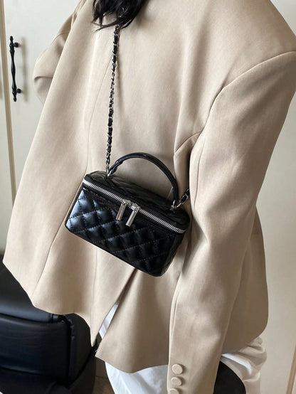 1pc Fashion PU Quilted Diamond Stitch Zipper Clutch Bag, Versatile Ladies Handbag With Detachable Shoulder Chain