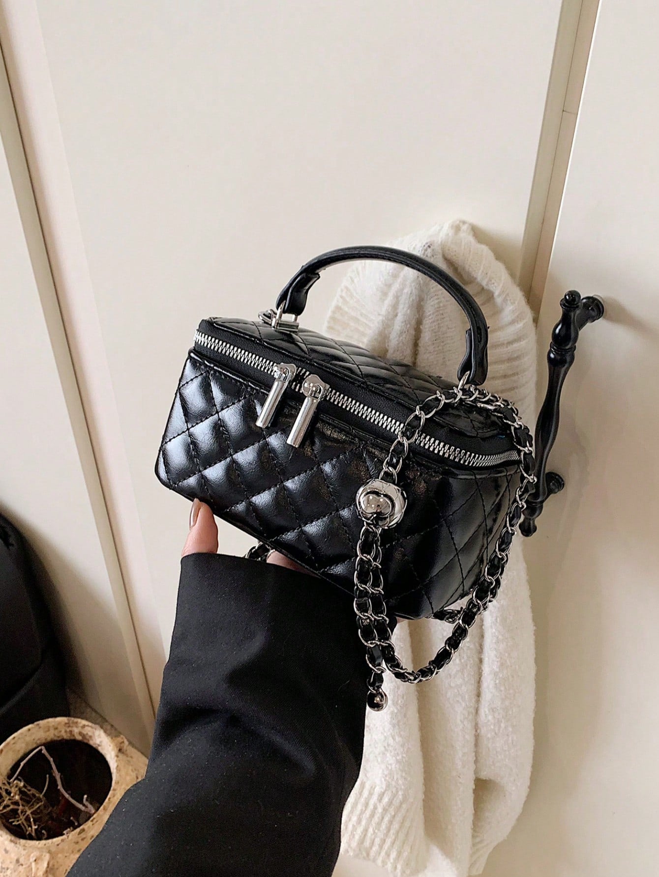 1pc Fashion PU Quilted Diamond Stitch Zipper Clutch Bag, Versatile Ladies Handbag With Detachable Shoulder Chain