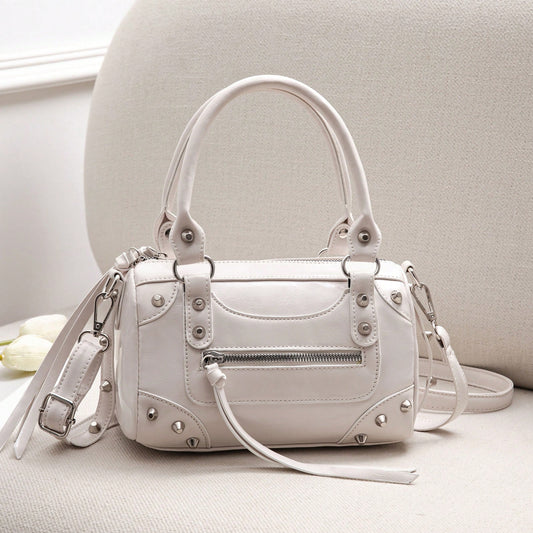 1pc Fashionable Coffee Color Patchwork Rivet, Embedded Metal Rivet, Embedded Dual Handle Adjustable Long Shoulder Strap Design, Fashionable Retro Sweet Cool Style Motorcycle Bag, Women's Handbag, Casu