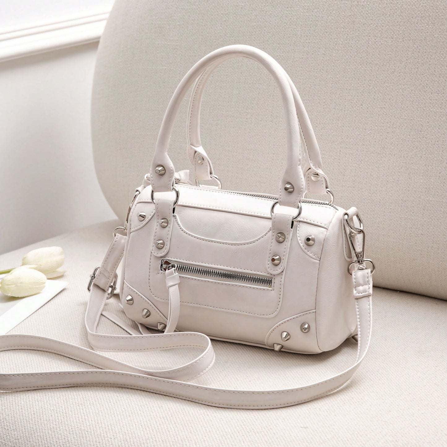 1pc Fashionable Coffee Color Patchwork Rivet, Embedded Metal Rivet, Embedded Dual Handle Adjustable Long Shoulder Strap Design, Fashionable Retro Sweet Cool Style Motorcycle Bag, Women's Handbag, Casu