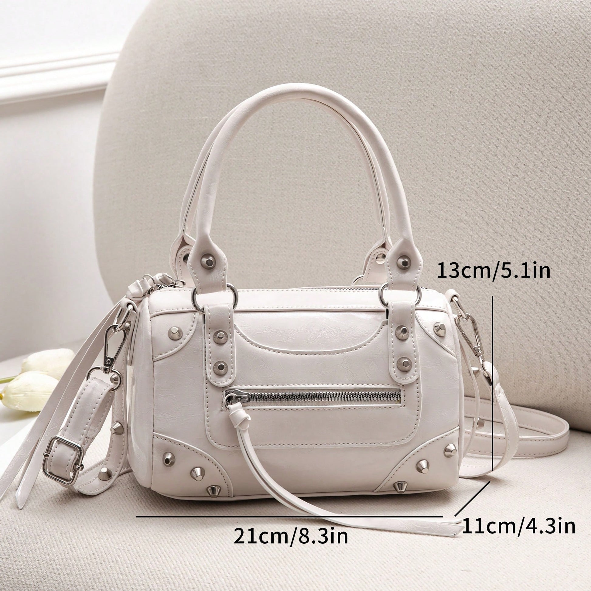 1pc Fashionable Coffee Color Patchwork Rivet, Embedded Metal Rivet, Embedded Dual Handle Adjustable Long Shoulder Strap Design, Fashionable Retro Sweet Cool Style Motorcycle Bag, Women's Handbag, Casu