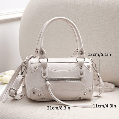 1pc Fashionable Coffee Color Patchwork Rivet, Embedded Metal Rivet, Embedded Dual Handle Adjustable Long Shoulder Strap Design, Fashionable Retro Sweet Cool Style Motorcycle Bag, Women's Handbag, Casu