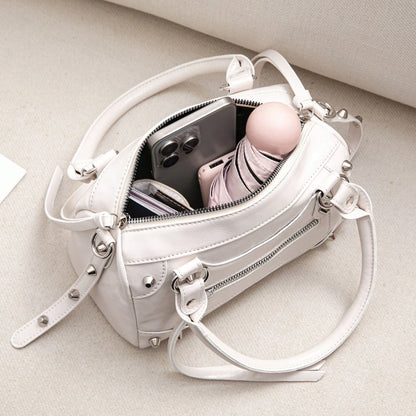 1pc Fashionable Coffee Color Patchwork Rivet, Embedded Metal Rivet, Embedded Dual Handle Adjustable Long Shoulder Strap Design, Fashionable Retro Sweet Cool Style Motorcycle Bag, Women's Handbag, Casu