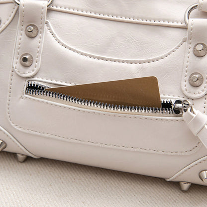 1pc Fashionable Coffee Color Patchwork Rivet, Embedded Metal Rivet, Embedded Dual Handle Adjustable Long Shoulder Strap Design, Fashionable Retro Sweet Cool Style Motorcycle Bag, Women's Handbag, Casu