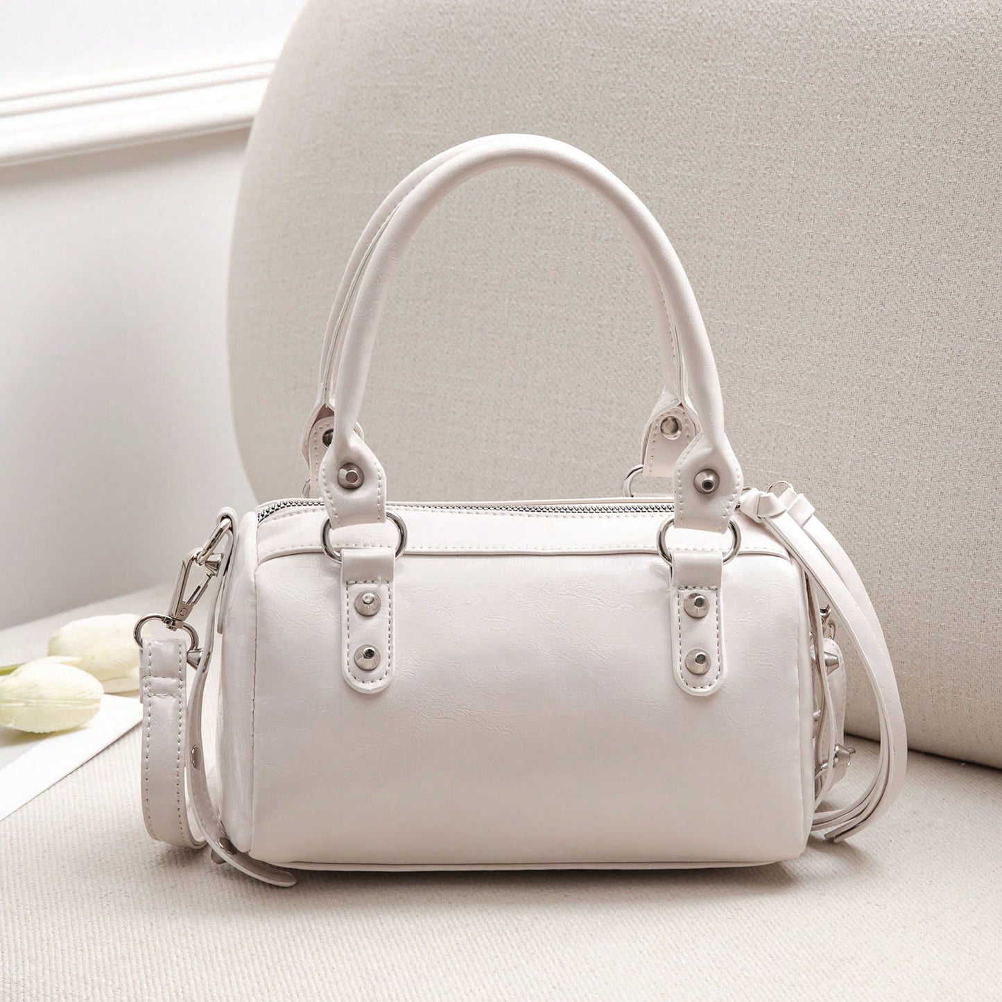 1pc Fashionable Coffee Color Patchwork Rivet, Embedded Metal Rivet, Embedded Dual Handle Adjustable Long Shoulder Strap Design, Fashionable Retro Sweet Cool Style Motorcycle Bag, Women's Handbag, Casu