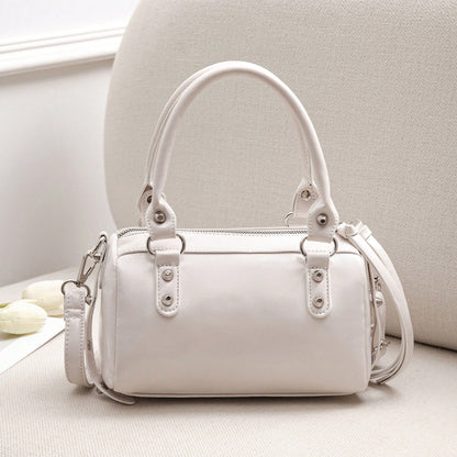 1pc Fashionable Coffee Color Patchwork Rivet, Embedded Metal Rivet, Embedded Dual Handle Adjustable Long Shoulder Strap Design, Fashionable Retro Sweet Cool Style Motorcycle Bag, Women's Handbag, Casu